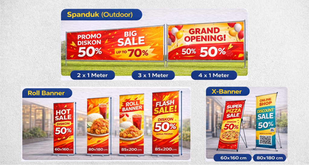 Panduan visual ukuran banner untuk promosi, termasuk spanduk outdoor, roll banner, dan X-banner dengan contoh ukuran dan desain promo.